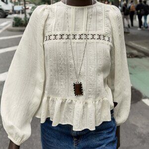 NEW Zara white lace embroidered entredeux blouse Small